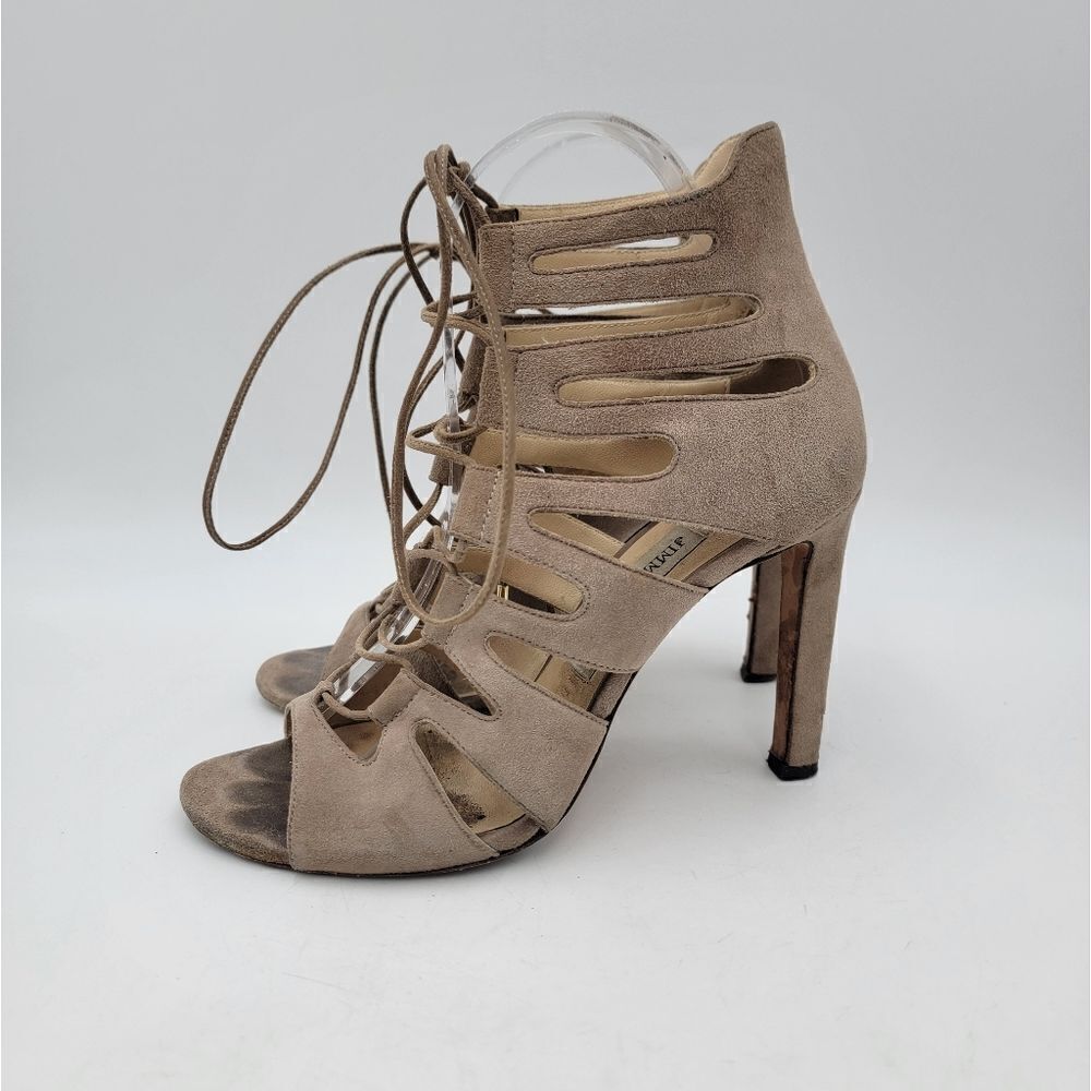 Jimmy Choo Hitch 100 Light Mocha Suede Strappy Heels Womens size EU 37.5 US 7